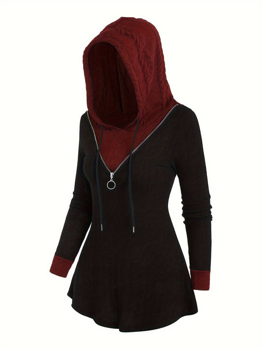 Color Block Zipper Hoodie, Casual Long Sleeve Drawstring Hoodies Sweatshirt, Women's Clothing