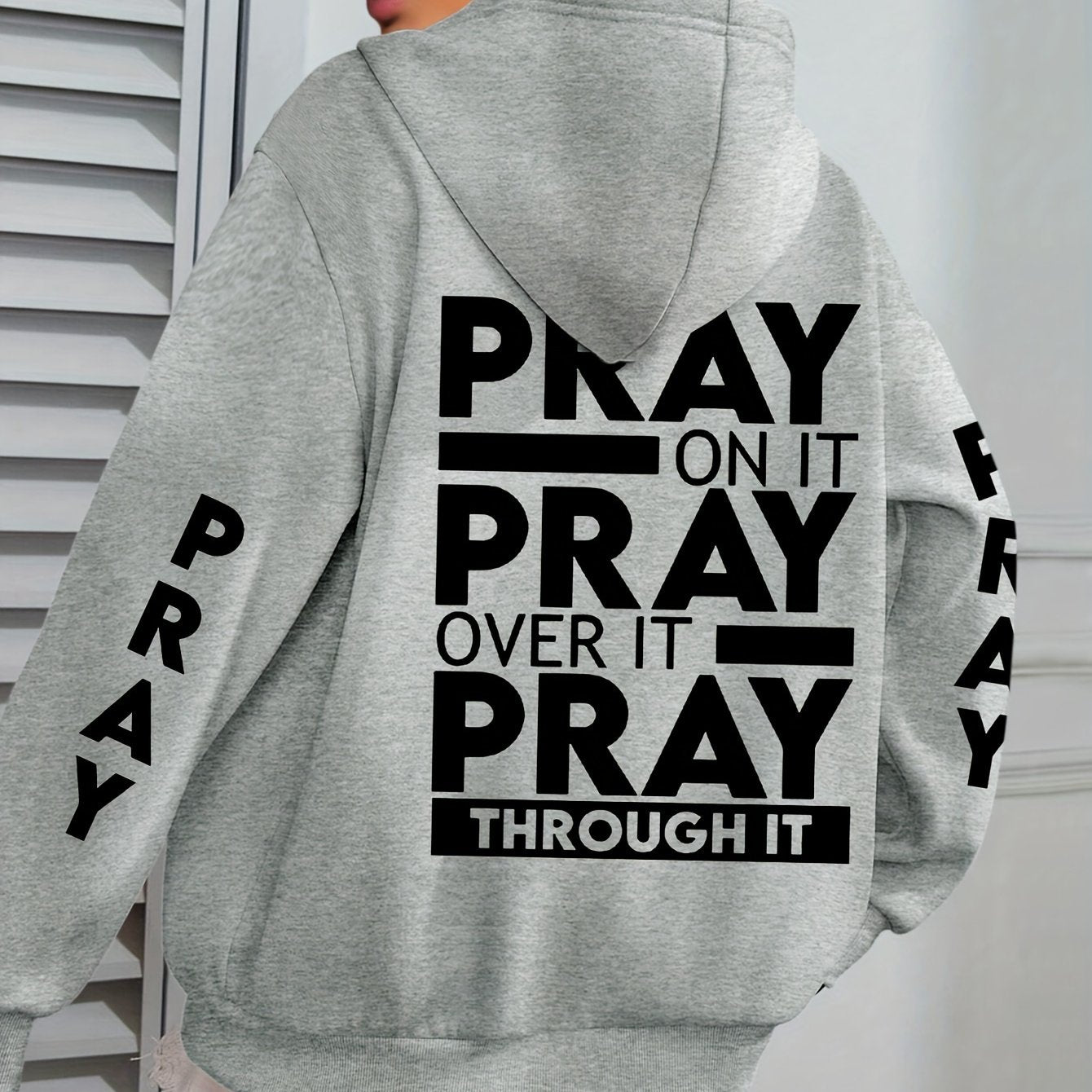 Plus Size PRAY Print Kangaroo Pocket Hoodie, Casual Long Sleeve Drawstring Hoodies Sweatshirt For Spring & Fall, Women's Plus Size Clothing