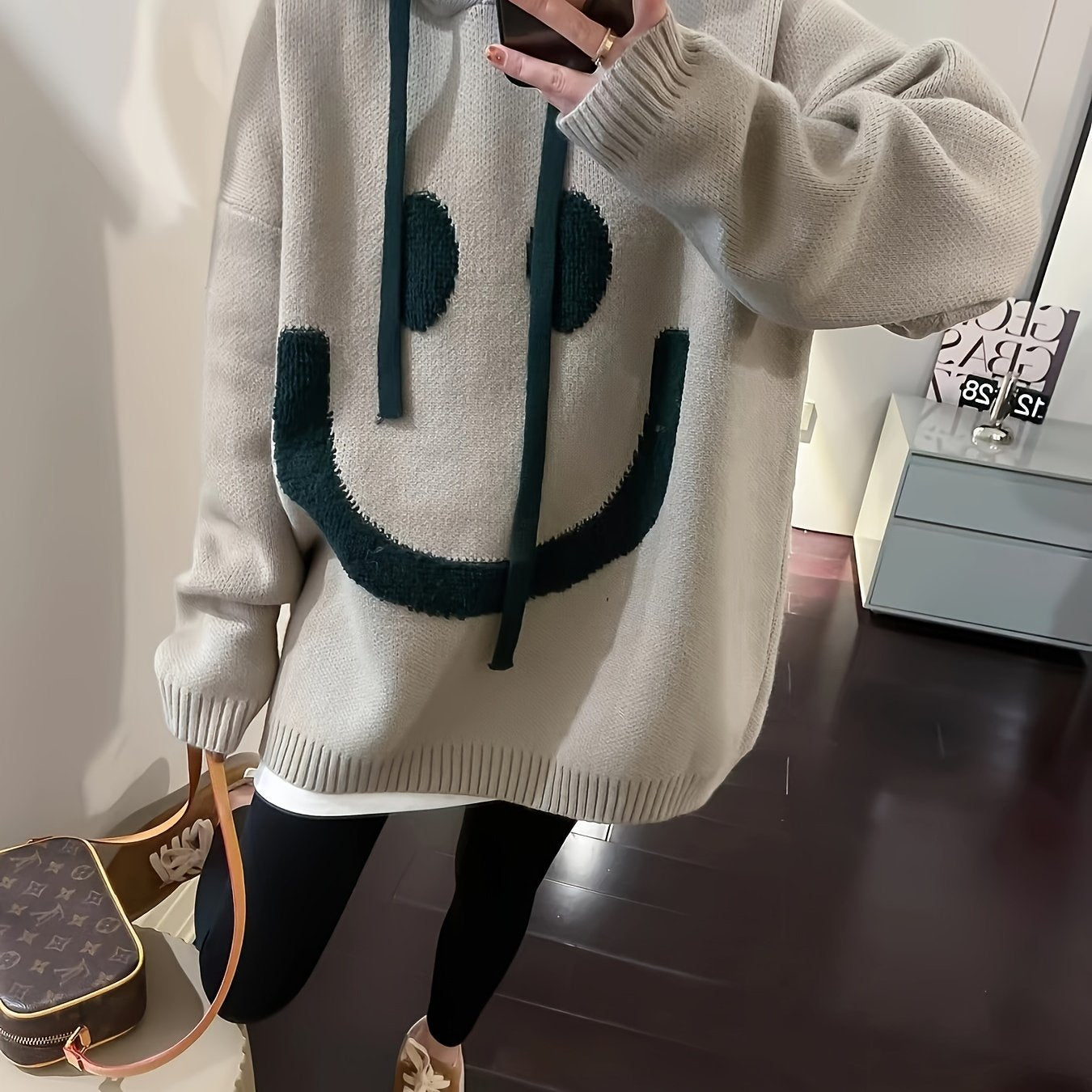 Cozy joyful Face Hooded Sweater For Women - Casual & Warm, Thick Knit Pullover With Drawstring Hood, Perfect For Fall & Winter Sweaters For Women Hoodies For Women