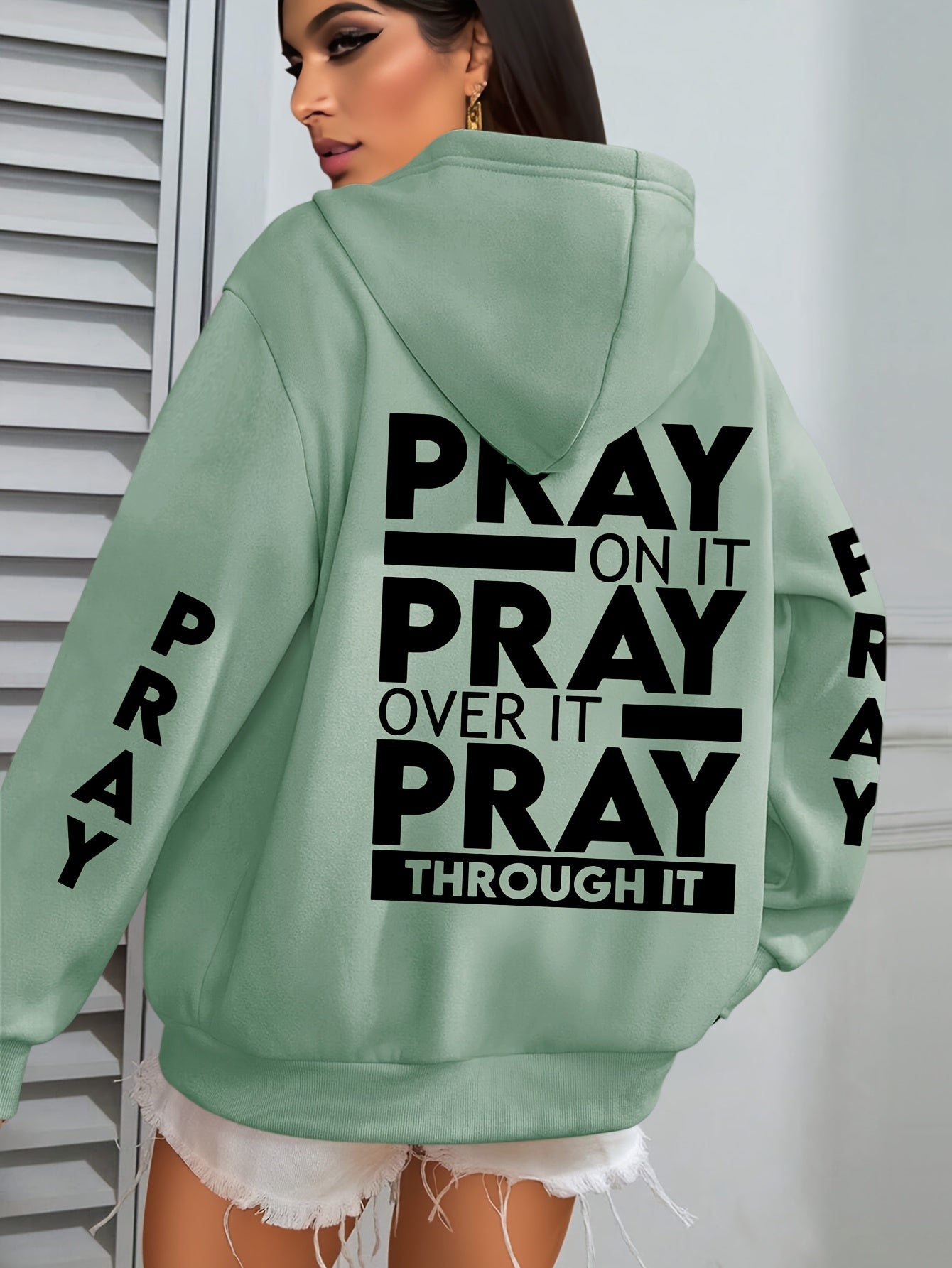 Plus Size PRAY Print Kangaroo Pocket Hoodie, Casual Long Sleeve Drawstring Hoodies Sweatshirt For Spring & Fall, Women's Plus Size Clothing