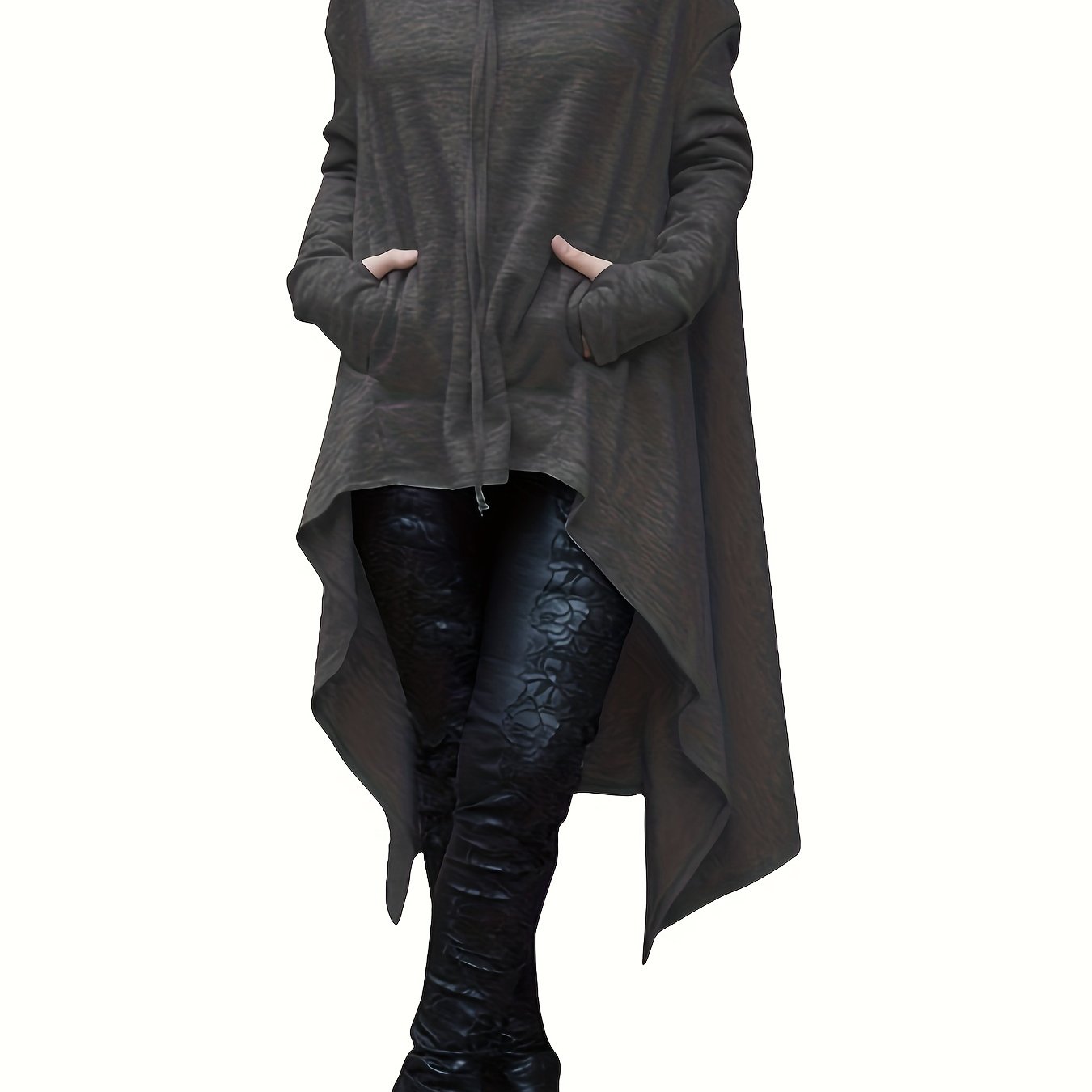 High Low Hem With Pocket Asymmetrical Hoodie, Y2K Long Sleeve Loose Hoodies Sweatshirt, Women's Clothing