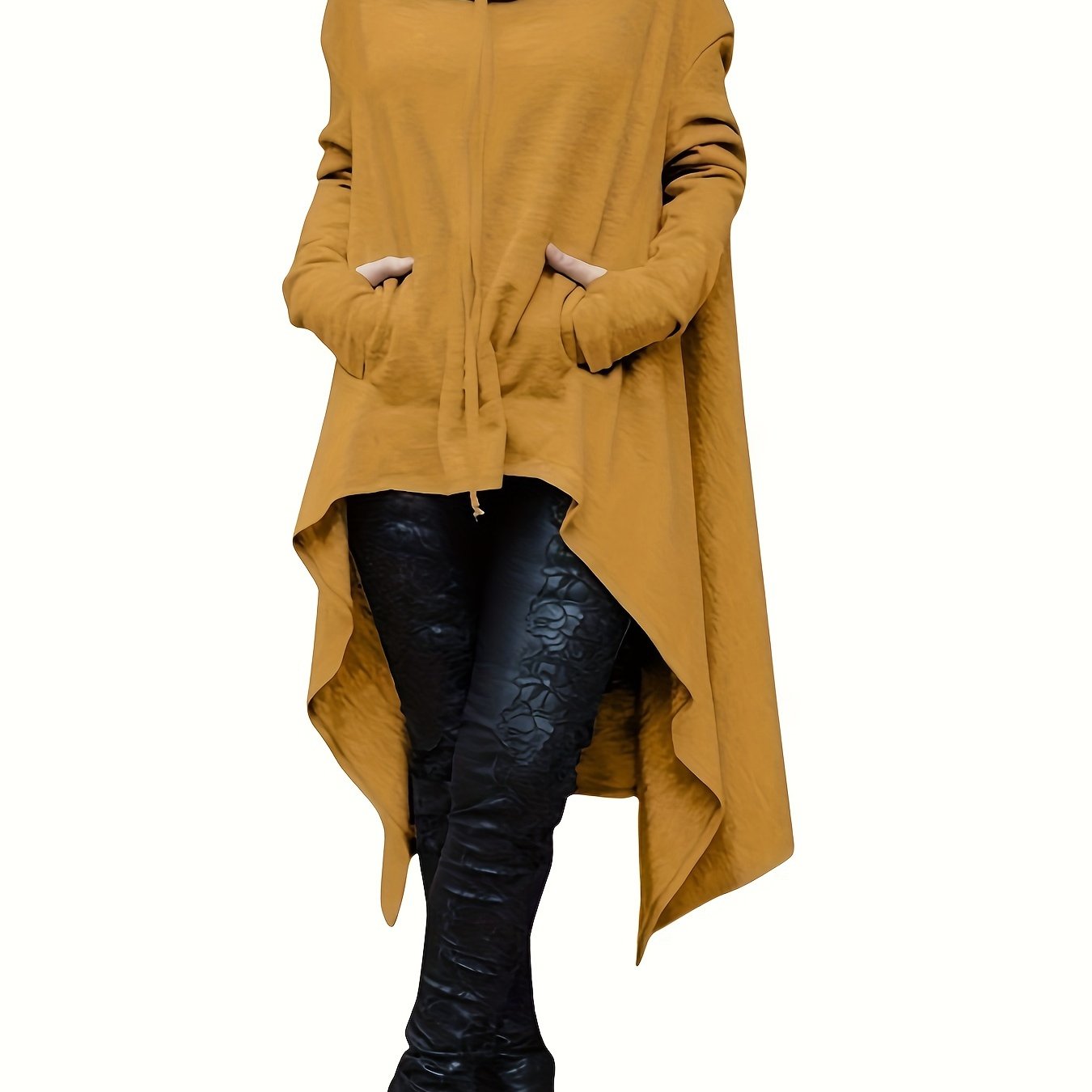 High Low Hem With Pocket Asymmetrical Hoodie, Y2K Long Sleeve Loose Hoodies Sweatshirt, Women's Clothing