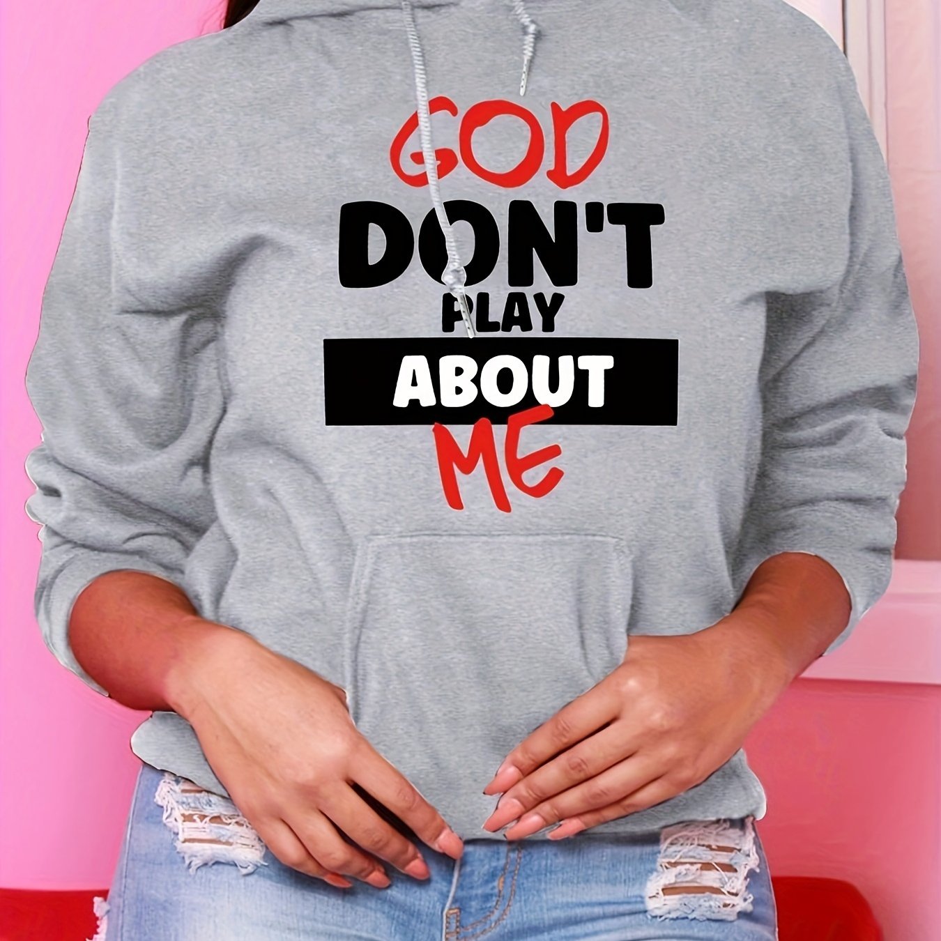 Women's Letter Print Kangaroo Pocket Hoodie, Casual Long Sleeve Drawstring Hoodies Sweatshirt Clothing