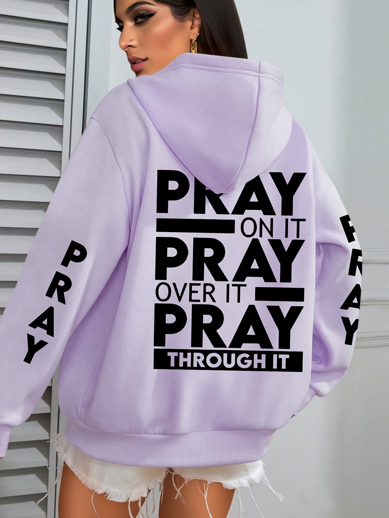 Plus Size PRAY Print Kangaroo Pocket Hoodie, Casual Long Sleeve Drawstring Hoodies Sweatshirt For Spring & Fall, Women's Plus Size Clothing