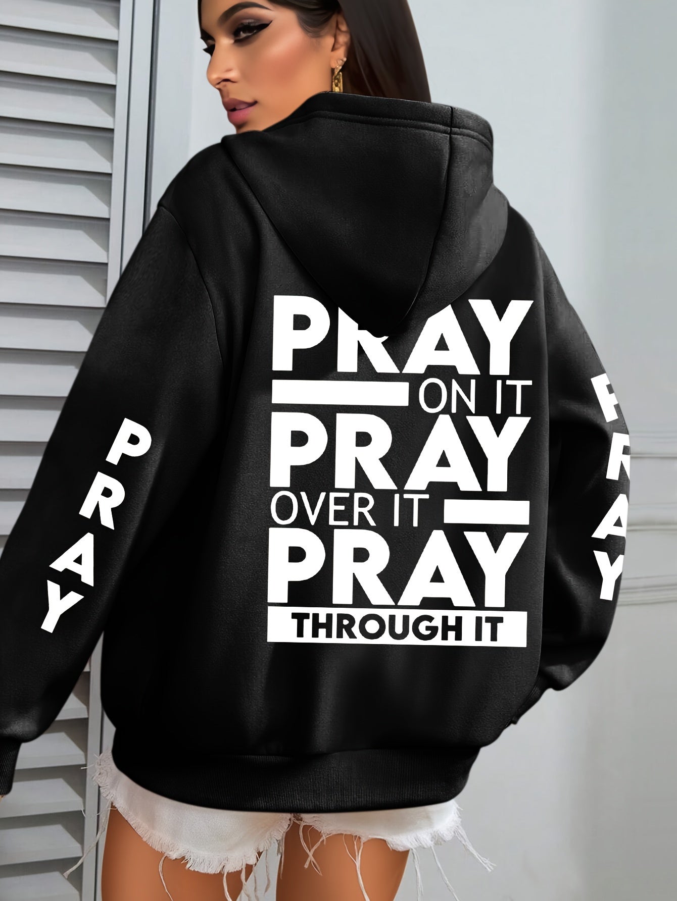 Plus Size PRAY Print Kangaroo Pocket Hoodie, Casual Long Sleeve Drawstring Hoodies Sweatshirt For Spring & Fall, Women's Plus Size Clothing