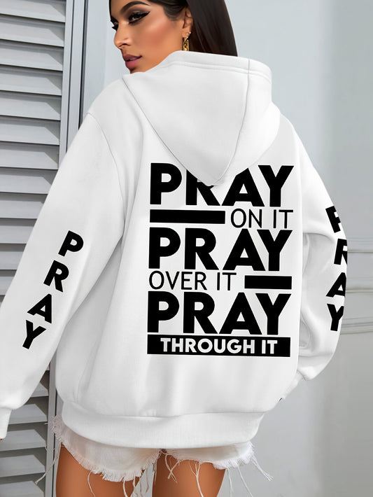 Plus Size PRAY Print Kangaroo Pocket Hoodie, Casual Long Sleeve Drawstring Hoodies Sweatshirt For Spring & Fall, Women's Plus Size Clothing
