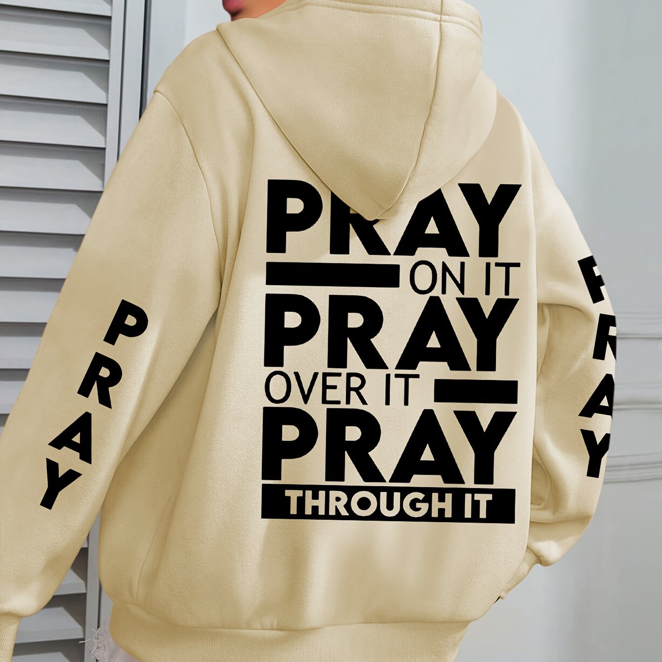 Plus Size PRAY Print Kangaroo Pocket Hoodie, Casual Long Sleeve Drawstring Hoodies Sweatshirt For Spring & Fall, Women's Plus Size Clothing