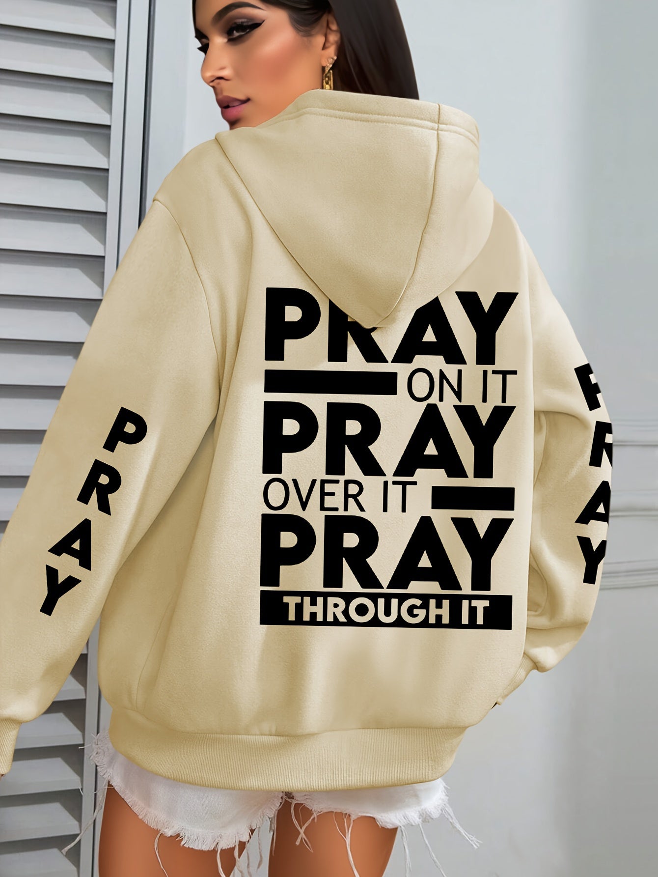 Plus Size PRAY Print Kangaroo Pocket Hoodie, Casual Long Sleeve Drawstring Hoodies Sweatshirt For Spring & Fall, Women's Plus Size Clothing