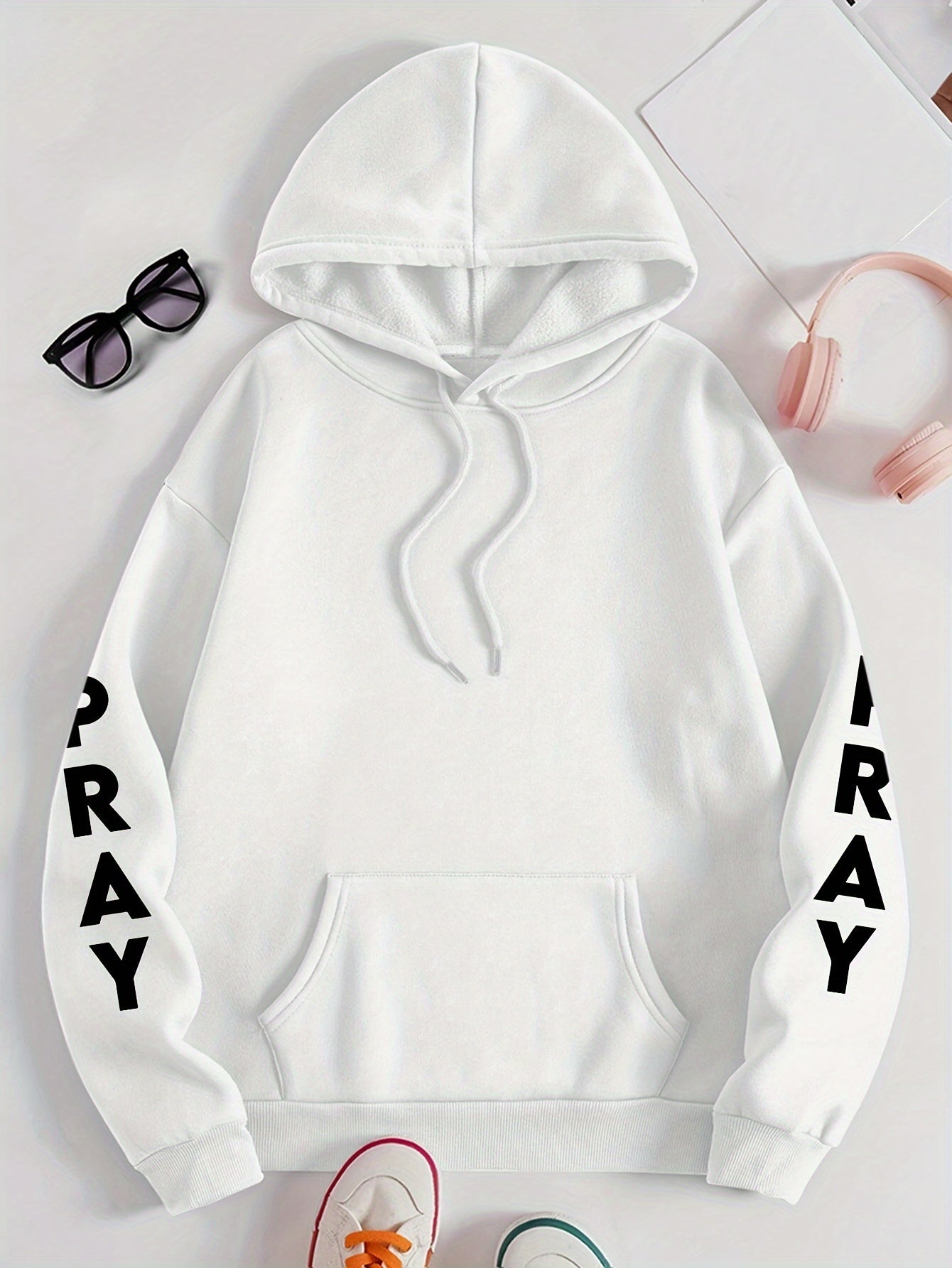 Plus Size PRAY Print Kangaroo Pocket Hoodie, Casual Long Sleeve Drawstring Hoodies Sweatshirt For Spring & Fall, Women's Plus Size Clothing