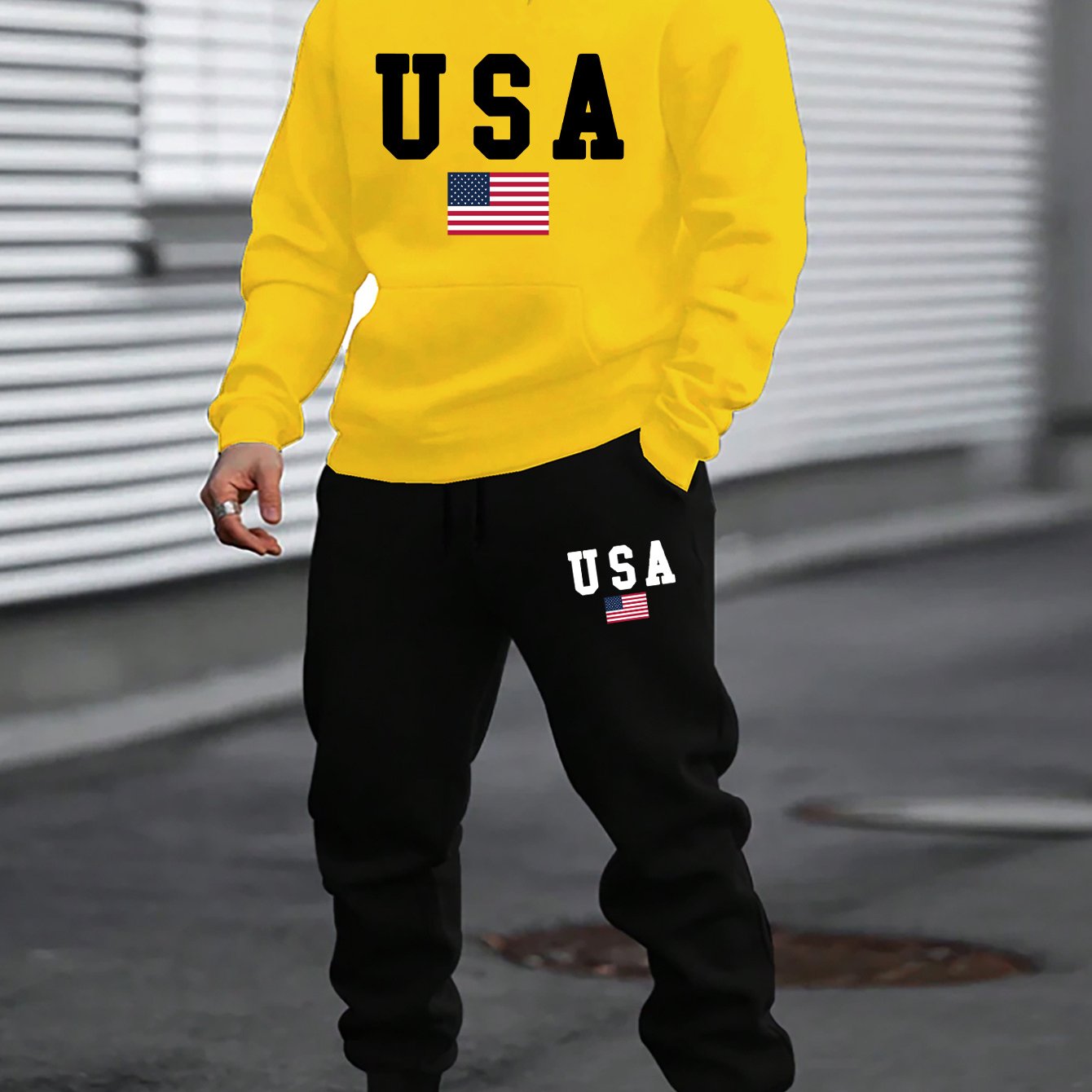 2pcs American Flag Print Men's Comfy Sports Set - Long Sleeve Hoodies with Kangaroo Pocket & Drawstring Sweatpants with Pockets - Casual, Trendy, Outdoor, and Soft Men's Clothing