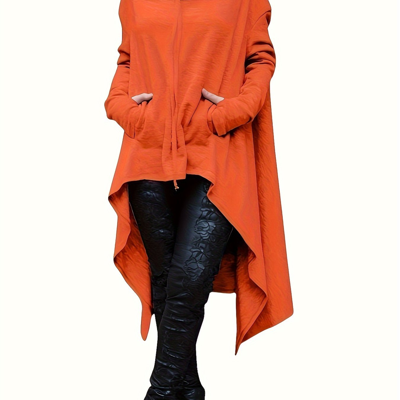 High Low Hem With Pocket Asymmetrical Hoodie, Y2K Long Sleeve Loose Hoodies Sweatshirt, Women's Clothing