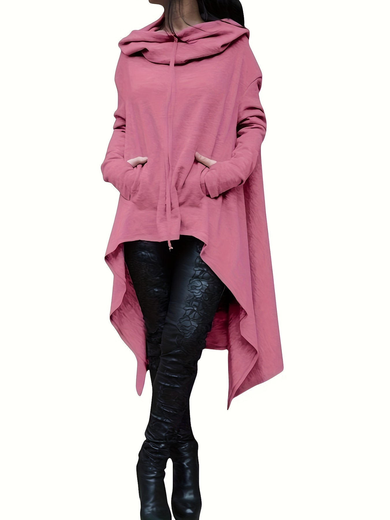 High Low Hem With Pocket Asymmetrical Hoodie, Y2K Long Sleeve Loose Hoodies Sweatshirt, Women's Clothing