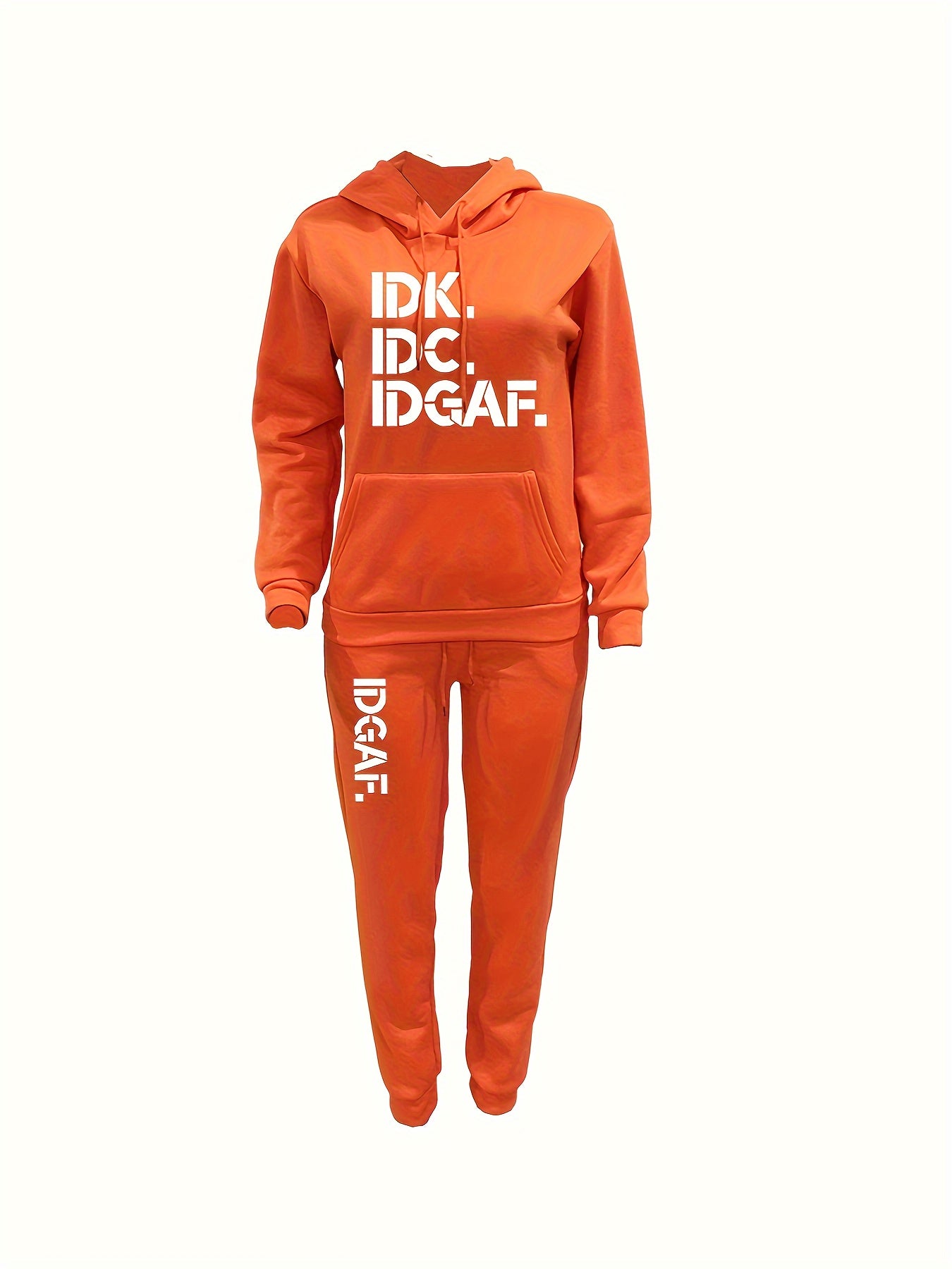Letter Print Drawstring Two-Piece Set, Long Sleeve Kangaroo Pocket Hoodies & Jogger Pants Outfits, Women'S Clothing