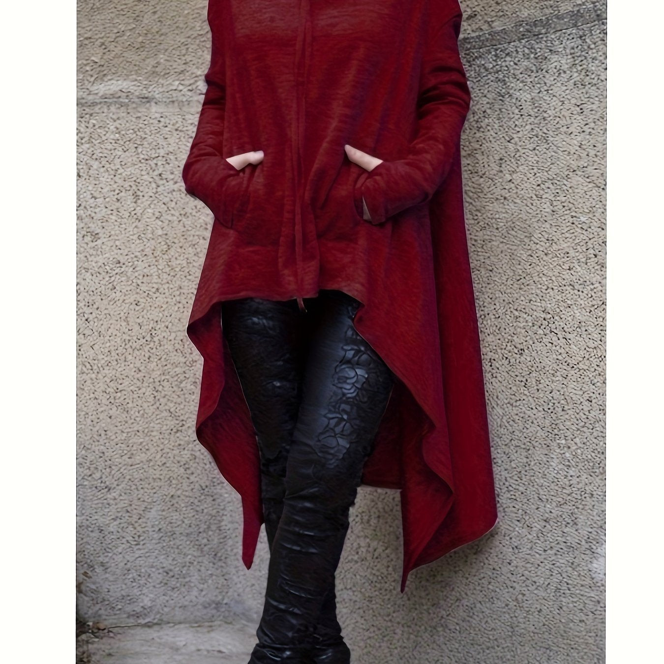 High Low Hem With Pocket Asymmetrical Hoodie, Y2K Long Sleeve Loose Hoodies Sweatshirt, Women's Clothing