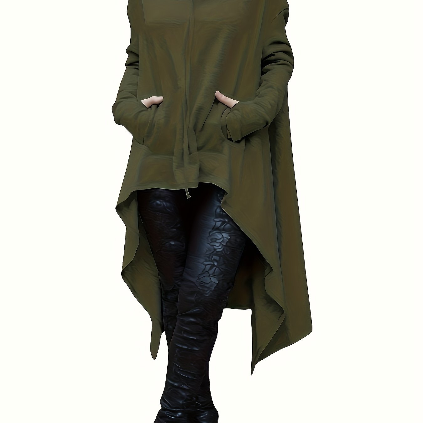 High Low Hem With Pocket Asymmetrical Hoodie, Y2K Long Sleeve Loose Hoodies Sweatshirt, Women's Clothing