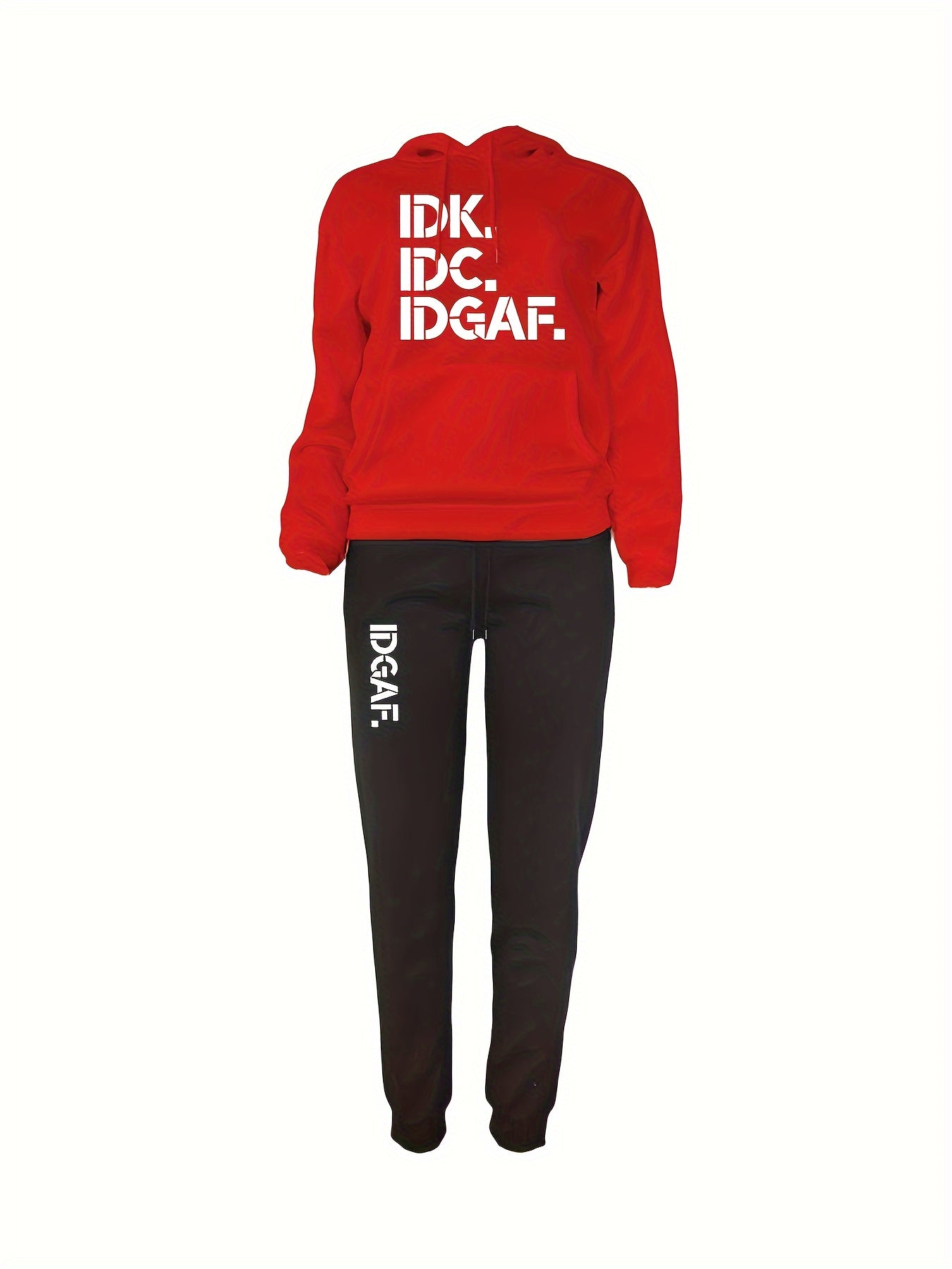 Letter Print Drawstring Two-Piece Set, Long Sleeve Kangaroo Pocket Hoodies & Jogger Pants Outfits, Women'S Clothing