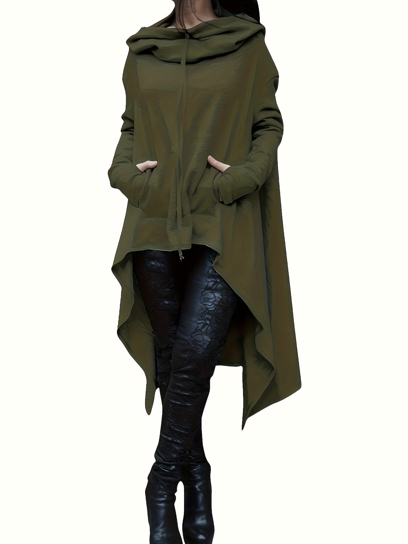 High Low Hem With Pocket Asymmetrical Hoodie, Y2K Long Sleeve Loose Hoodies Sweatshirt, Women's Clothing