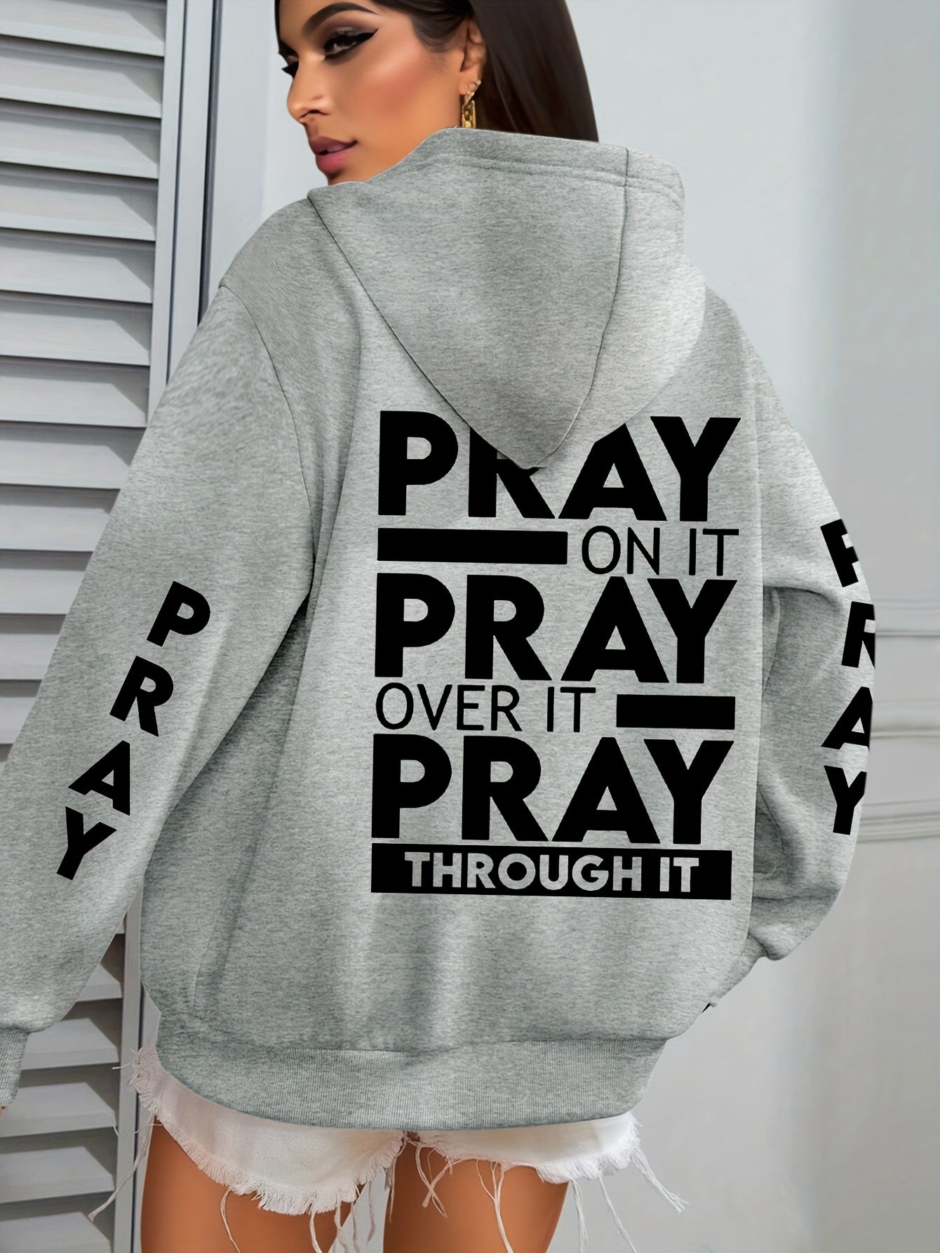 Plus Size PRAY Print Kangaroo Pocket Hoodie, Casual Long Sleeve Drawstring Hoodies Sweatshirt For Spring & Fall, Women's Plus Size Clothing