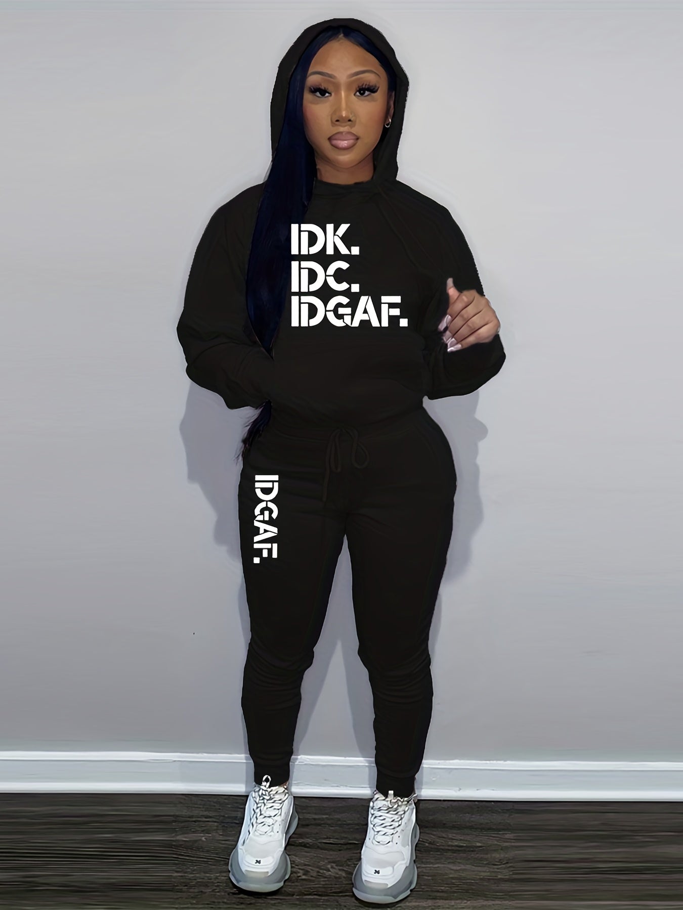 Letter Print Drawstring Two-Piece Set, Long Sleeve Kangaroo Pocket Hoodies & Jogger Pants Outfits, Women'S Clothing