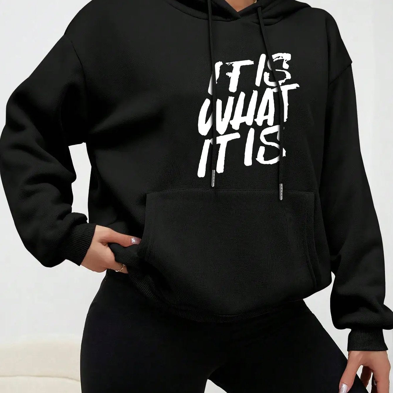 Casual Polyester Hoodies for Women with "IT IS WHAT IT IS" Letter Print - Knit Fabric Hooded Sweatshirt for Fall/Winter with Drawstring and Front Pocket