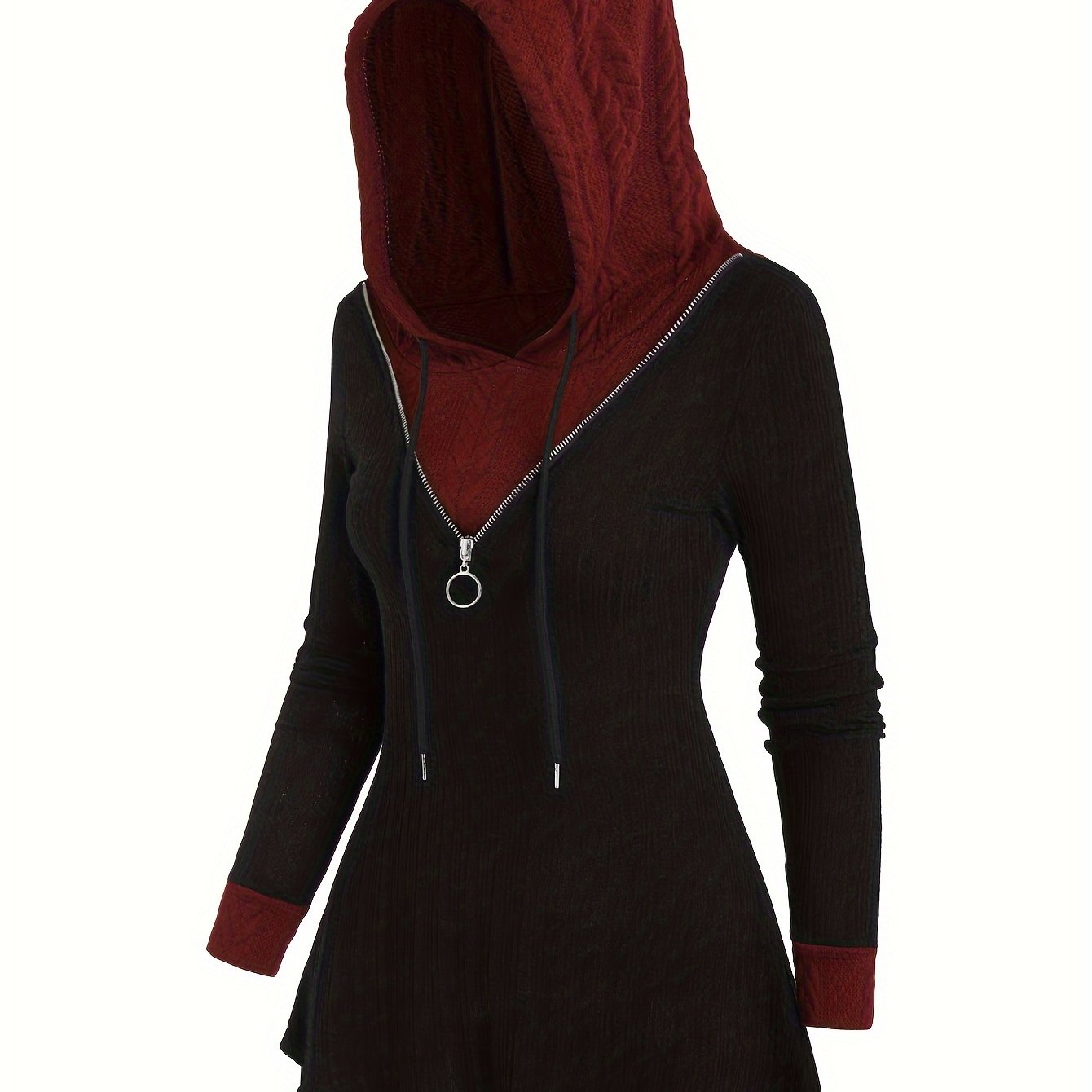 Color Block Zipper Hoodie, Casual Long Sleeve Drawstring Hoodies Sweatshirt, Women's Clothing